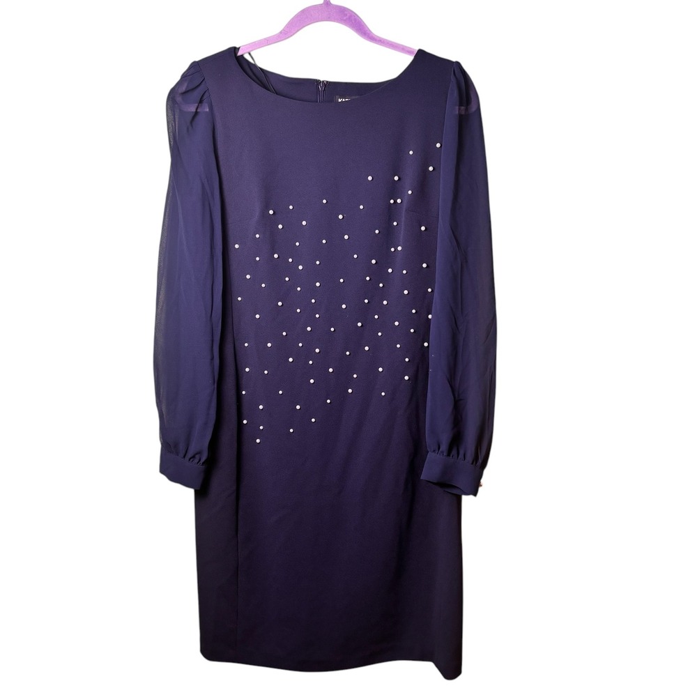 Karl Lagerfeld‎ Paris Womens Navy Blue Pearl Embellished Sheer Sleeve Dress 10